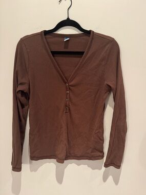 Old Navy Brown Ribbed Henley V-Neck Long Sleeve Top Size Large